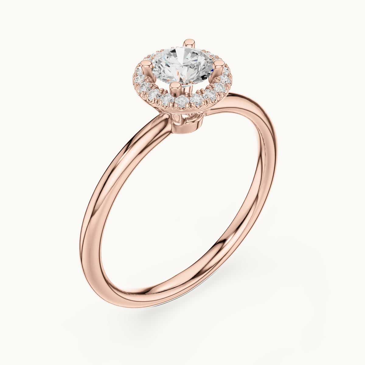 Round lab-grown diamond cathedral halo engagement ring in rose gold, 0.58 CT TW, view 2