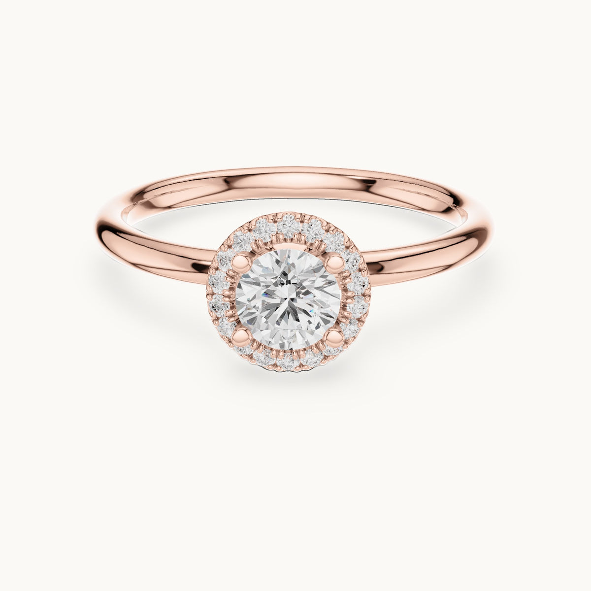 Round lab-grown diamond cathedral halo engagement ring in rose gold, 0.58 CT TW, view 4