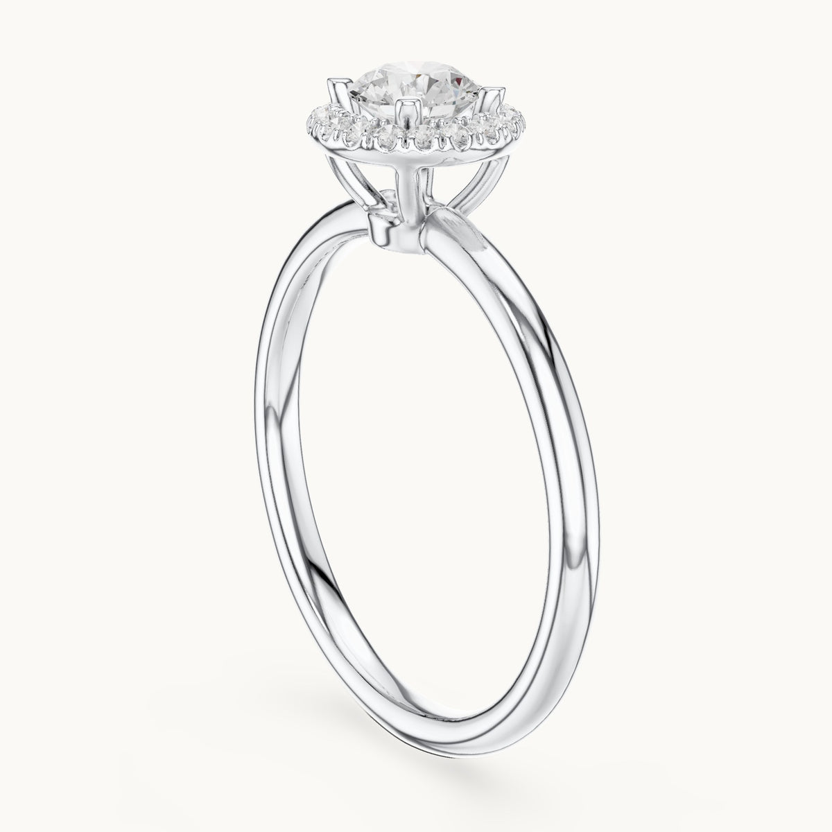 Round lab-grown diamond cathedral halo engagement ring in white gold, 0.58 CT TW, view 1