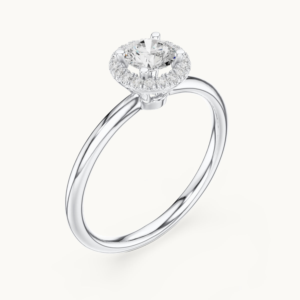 Round lab-grown diamond cathedral halo engagement ring in white gold, 0.58 CT TW, view 2