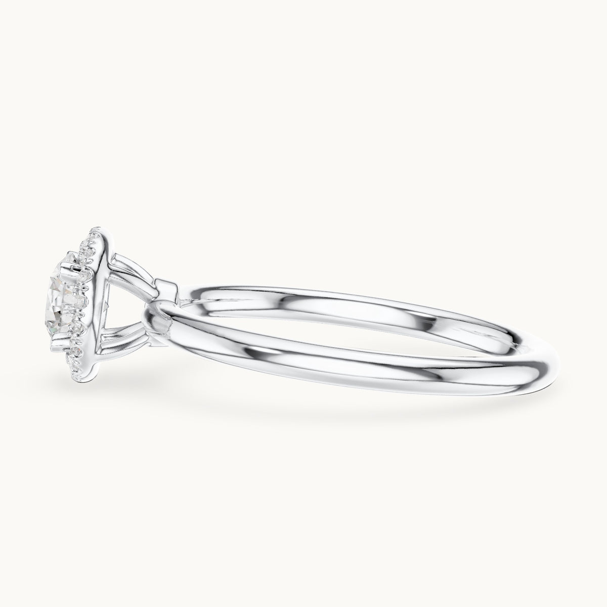 Round lab-grown diamond cathedral halo engagement ring in white gold, 0.58 CT TW, view 3
