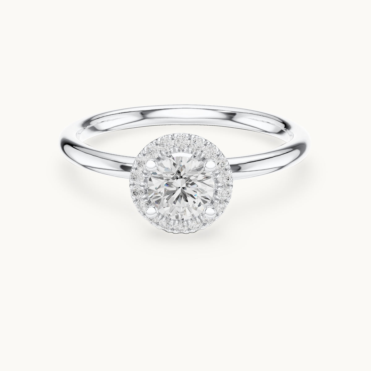 Round lab-grown diamond cathedral halo engagement ring in white gold, 0.58 CT TW, view 4