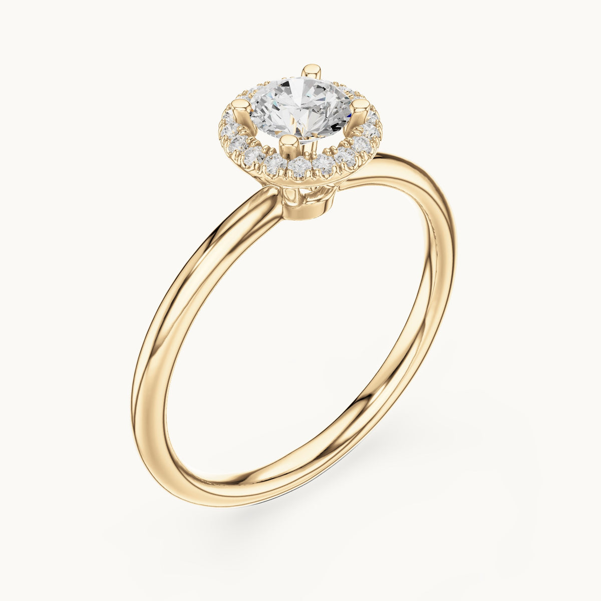 Round lab-grown diamond cathedral halo engagement ring in yellow gold, 0.58 CT TW, view 2