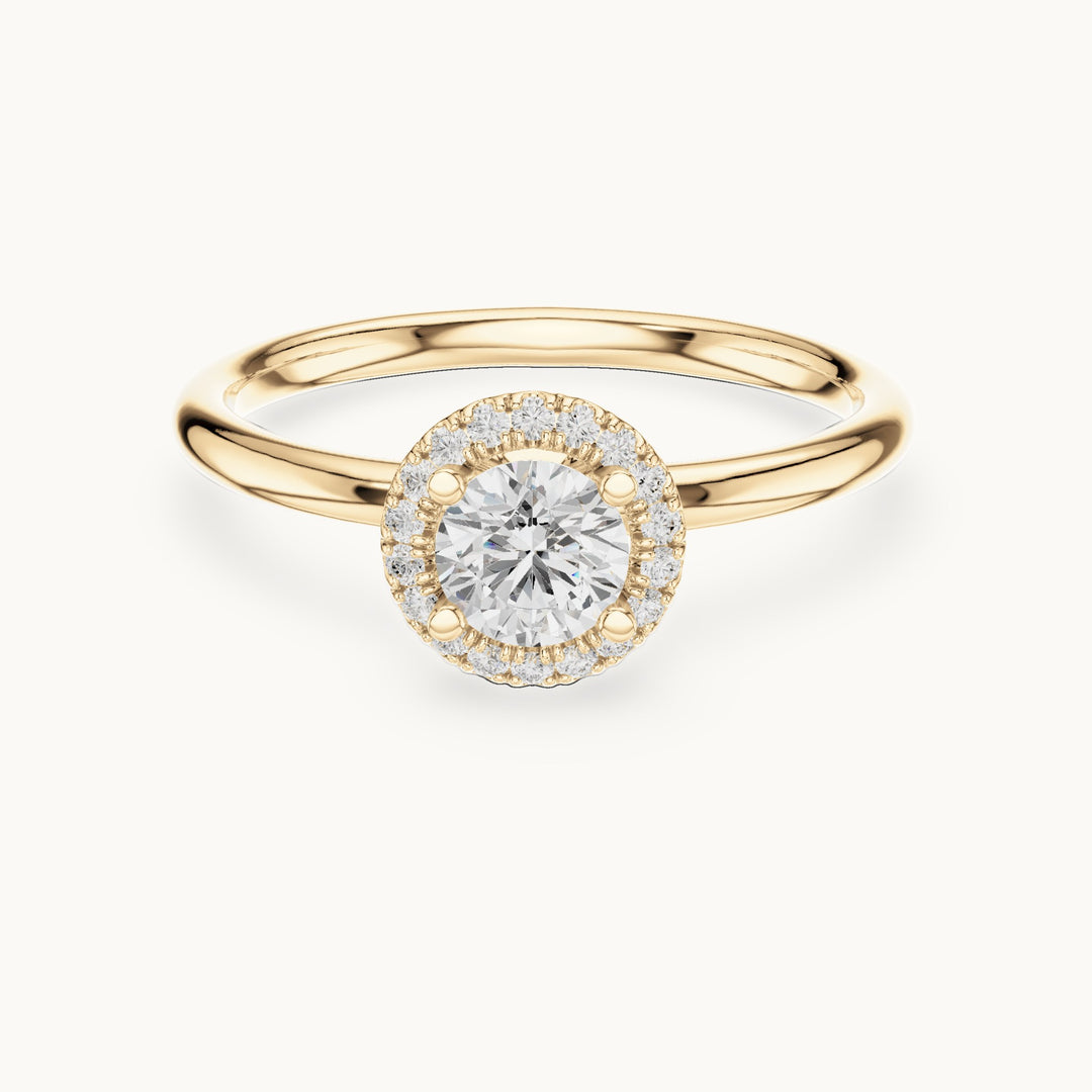 Round lab-grown diamond cathedral halo engagement ring in yellow gold, 0.58 CT TW, view 4