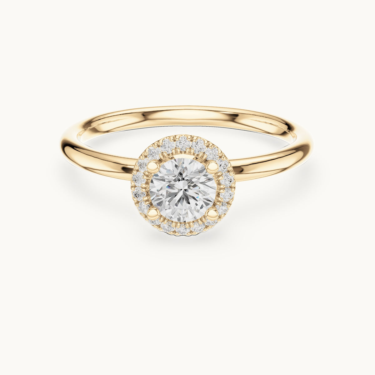 Round lab-grown diamond cathedral halo engagement ring in yellow gold, 0.58 CT TW, view 4