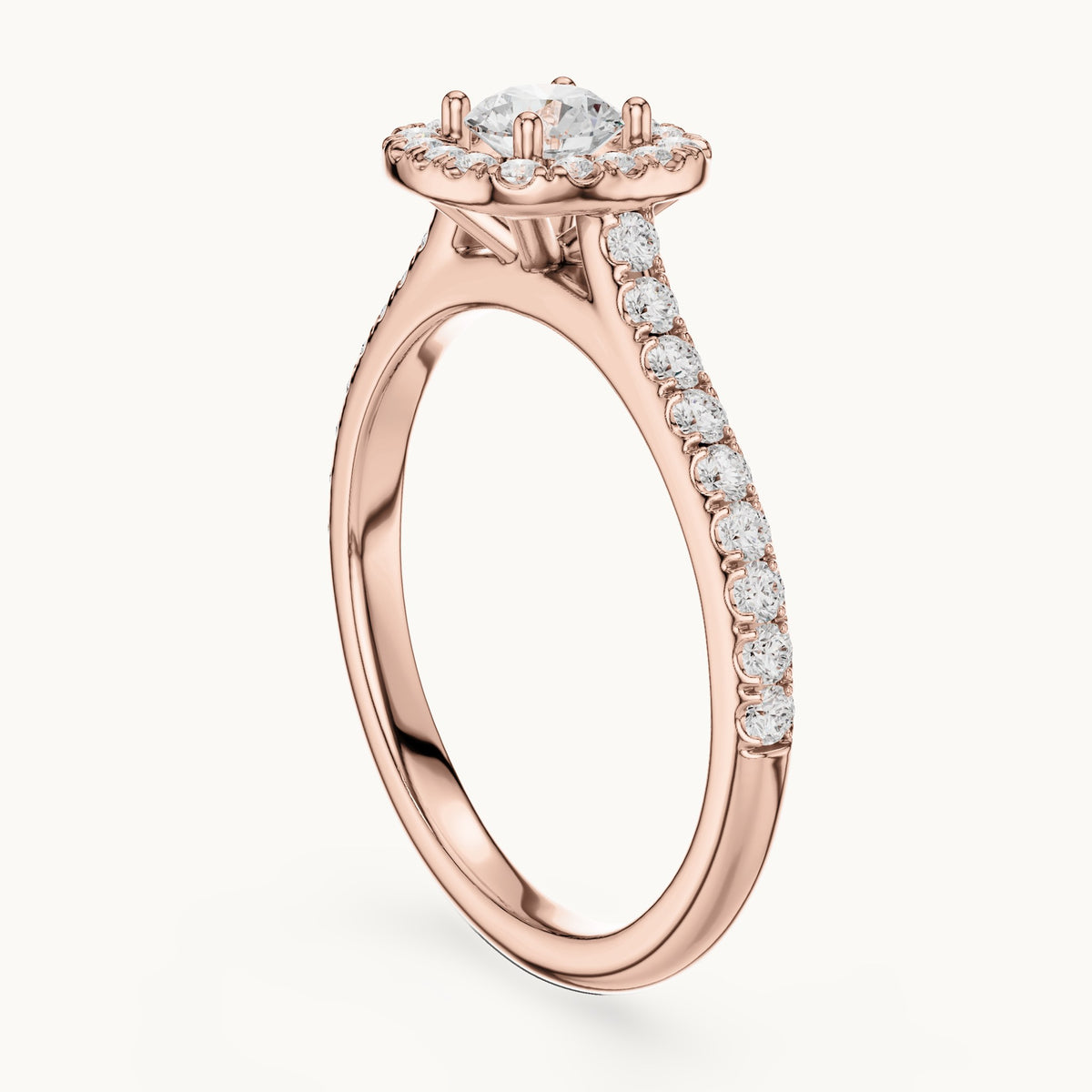 Round lab-grown diamond cushion-shaped halo engagement ring with pavé band in rose gold, 0.81 CT TW, view 1
