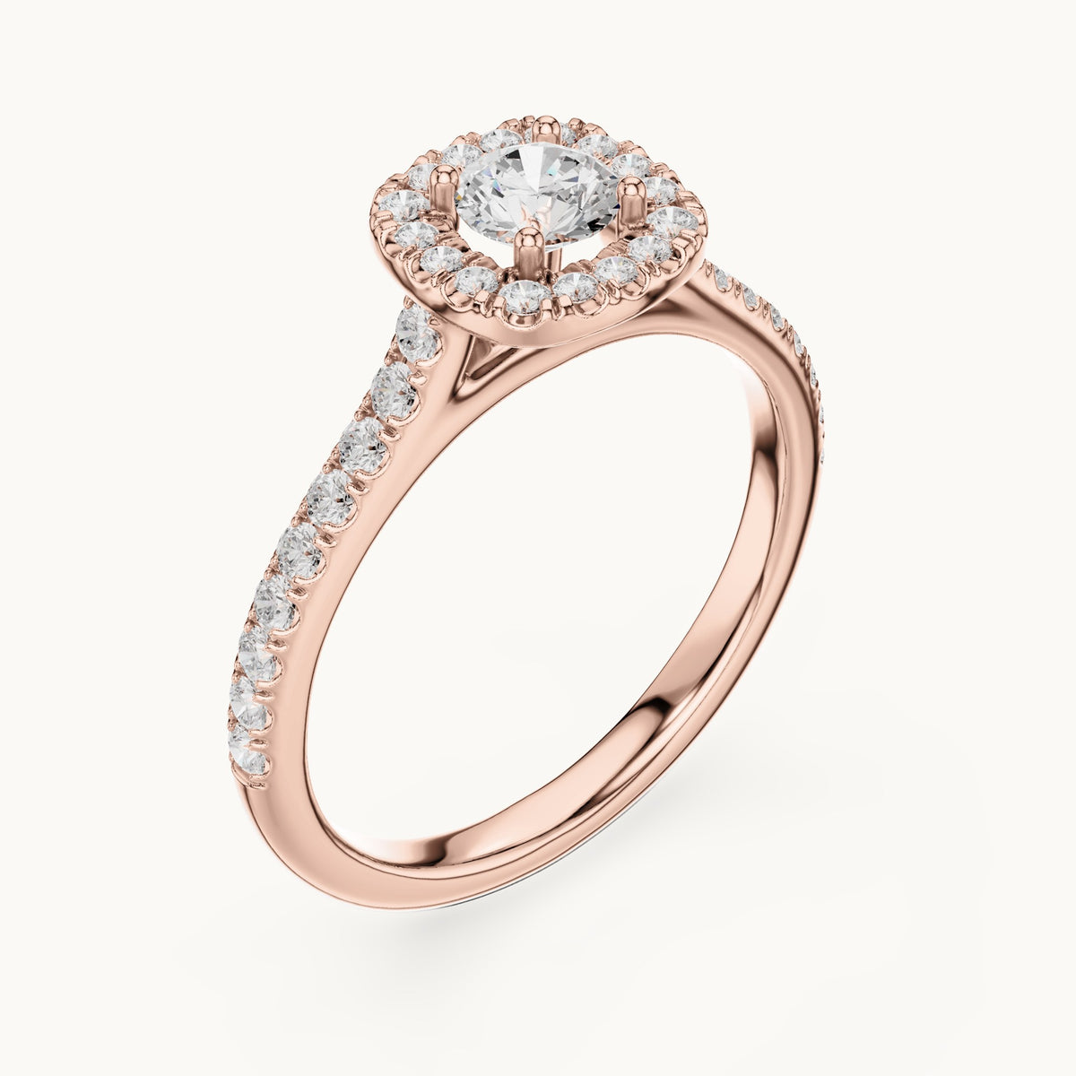Round lab-grown diamond cushion-shaped halo engagement ring with pavé band in rose gold, 0.81 CT TW, view 2