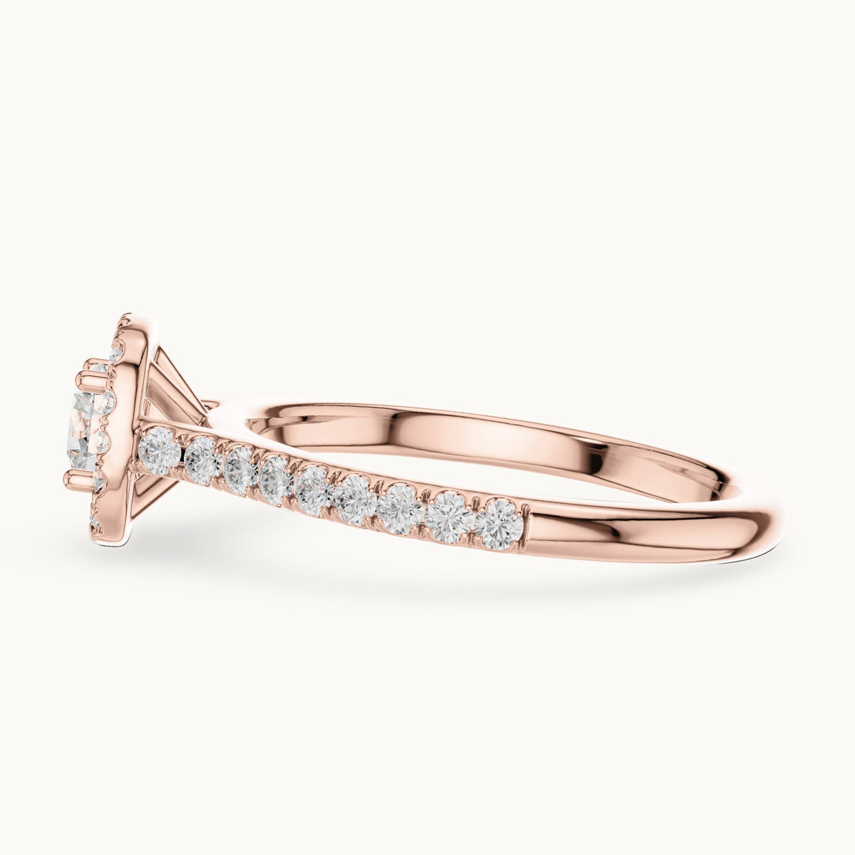 Round lab-grown diamond cushion-shaped halo engagement ring with pavé band in rose gold, 0.81 CT TW, view 3