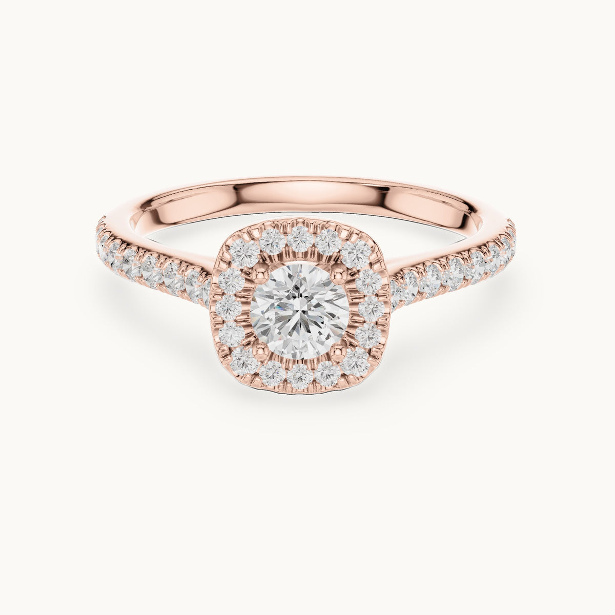 Round lab-grown diamond cushion-shaped halo engagement ring with pavé band in rose gold, 0.81 CT TW, view 4