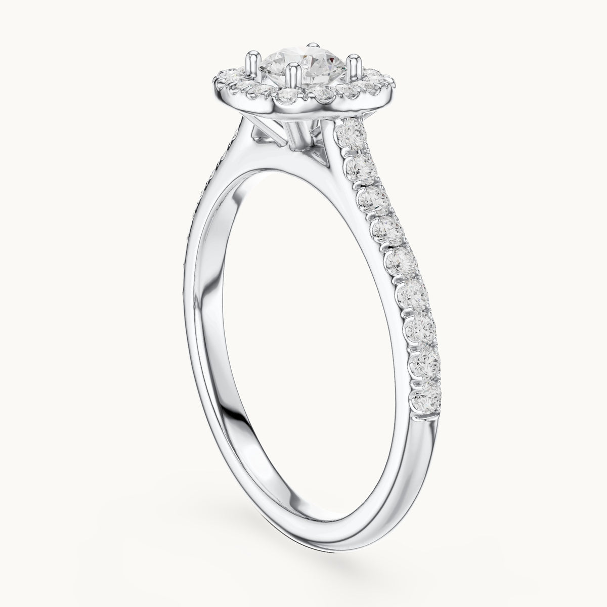 Round lab-grown diamond cushion-shaped halo engagement ring with pavé band in white gold, 0.81 CT TW, view 1