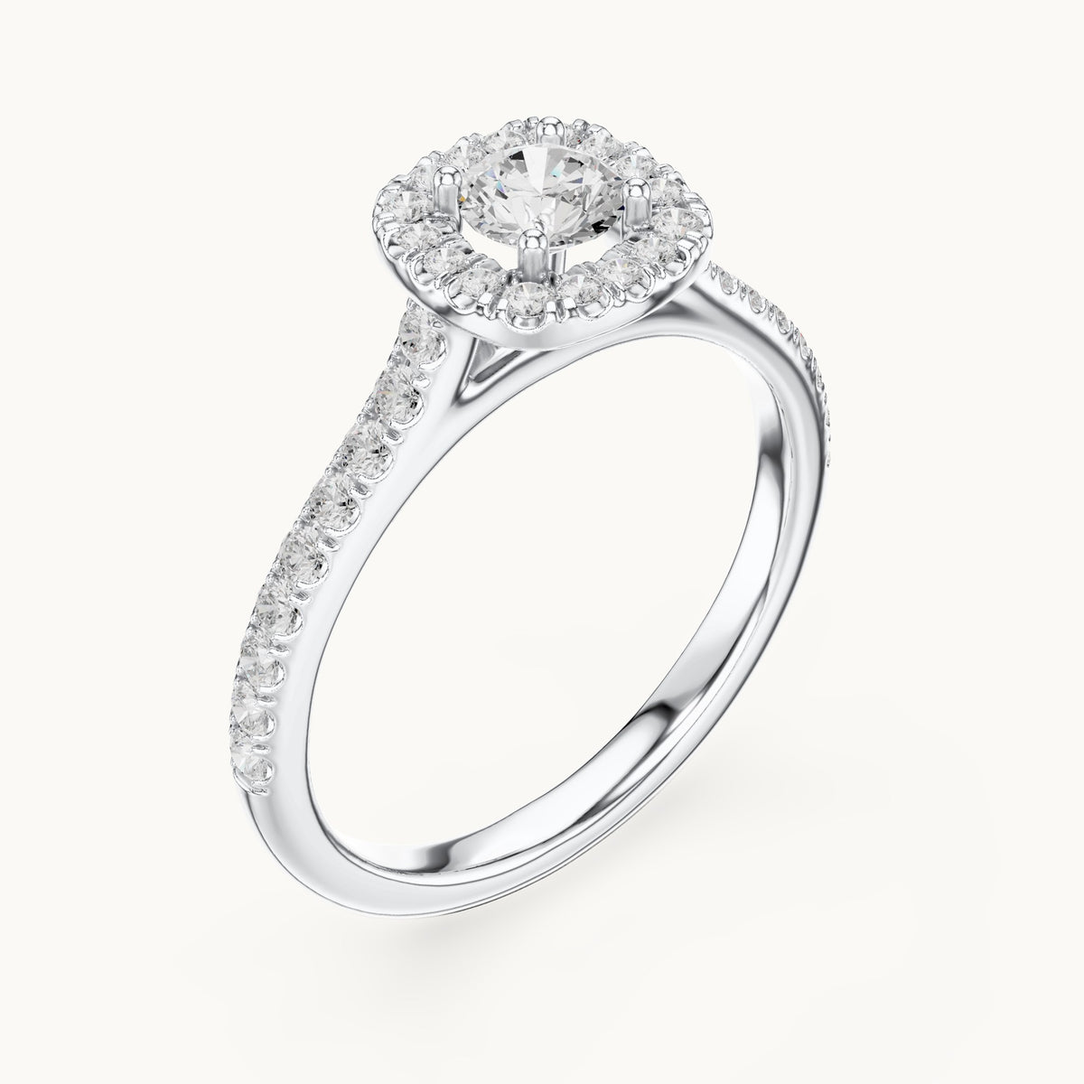 Round lab-grown diamond cushion-shaped halo engagement ring with pavé band in white gold, 0.81 CT TW, view 2