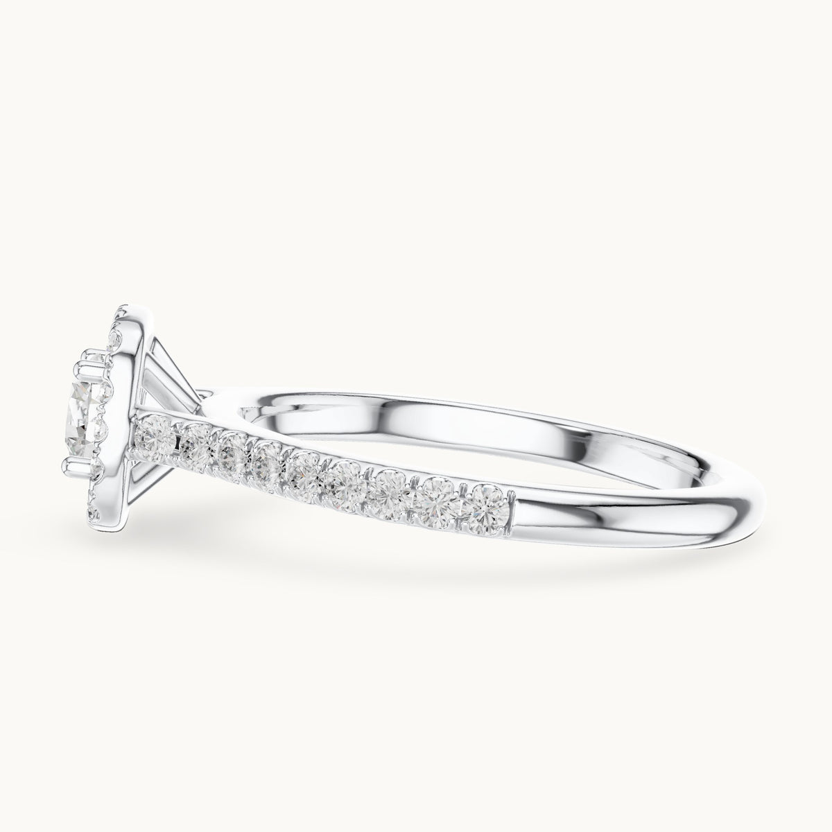 Round lab-grown diamond cushion-shaped halo engagement ring with pavé band in white gold, 0.81 CT TW, view 3