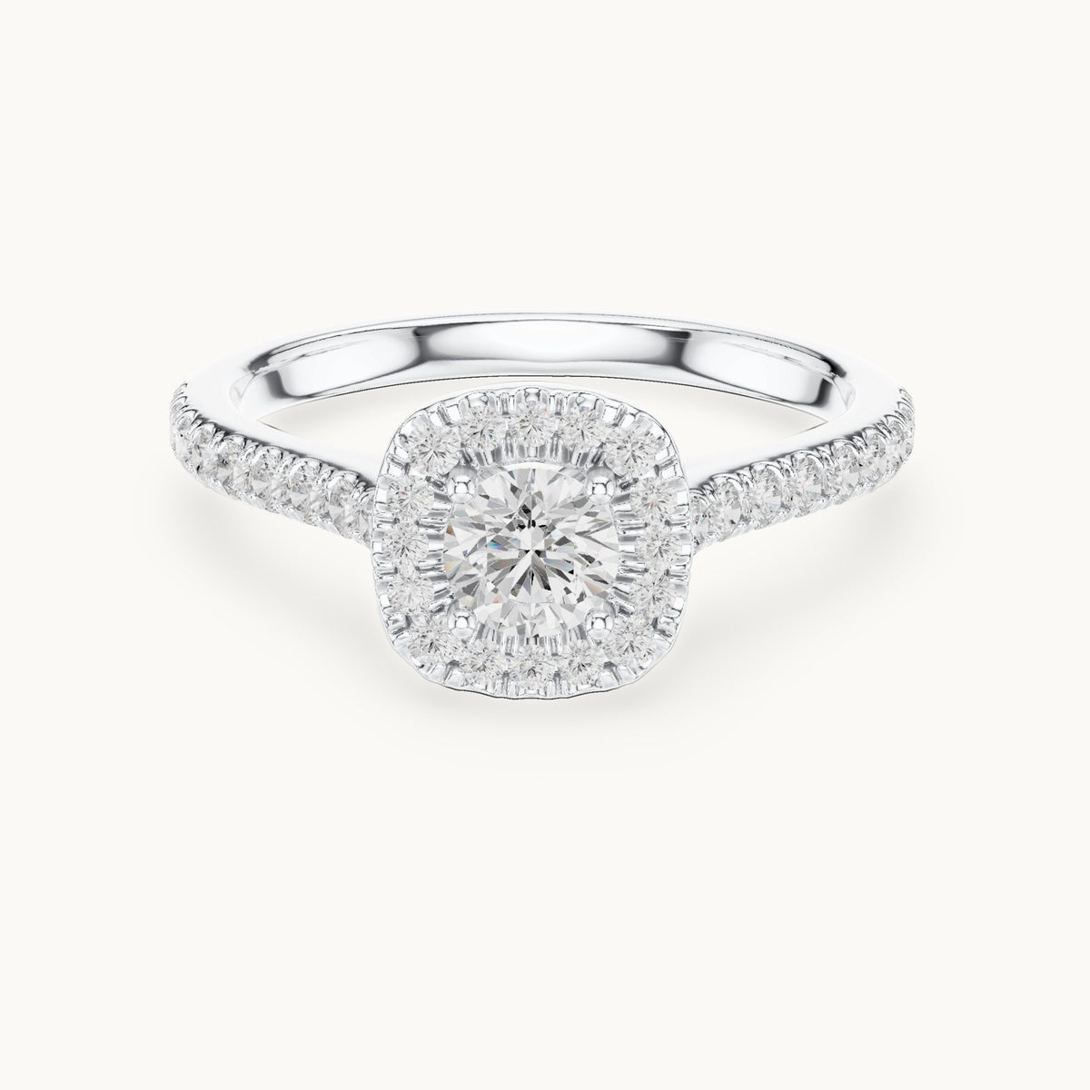 Round lab-grown diamond cushion-shaped halo engagement ring with pavé band in white gold, 0.81 CT TW, view 4