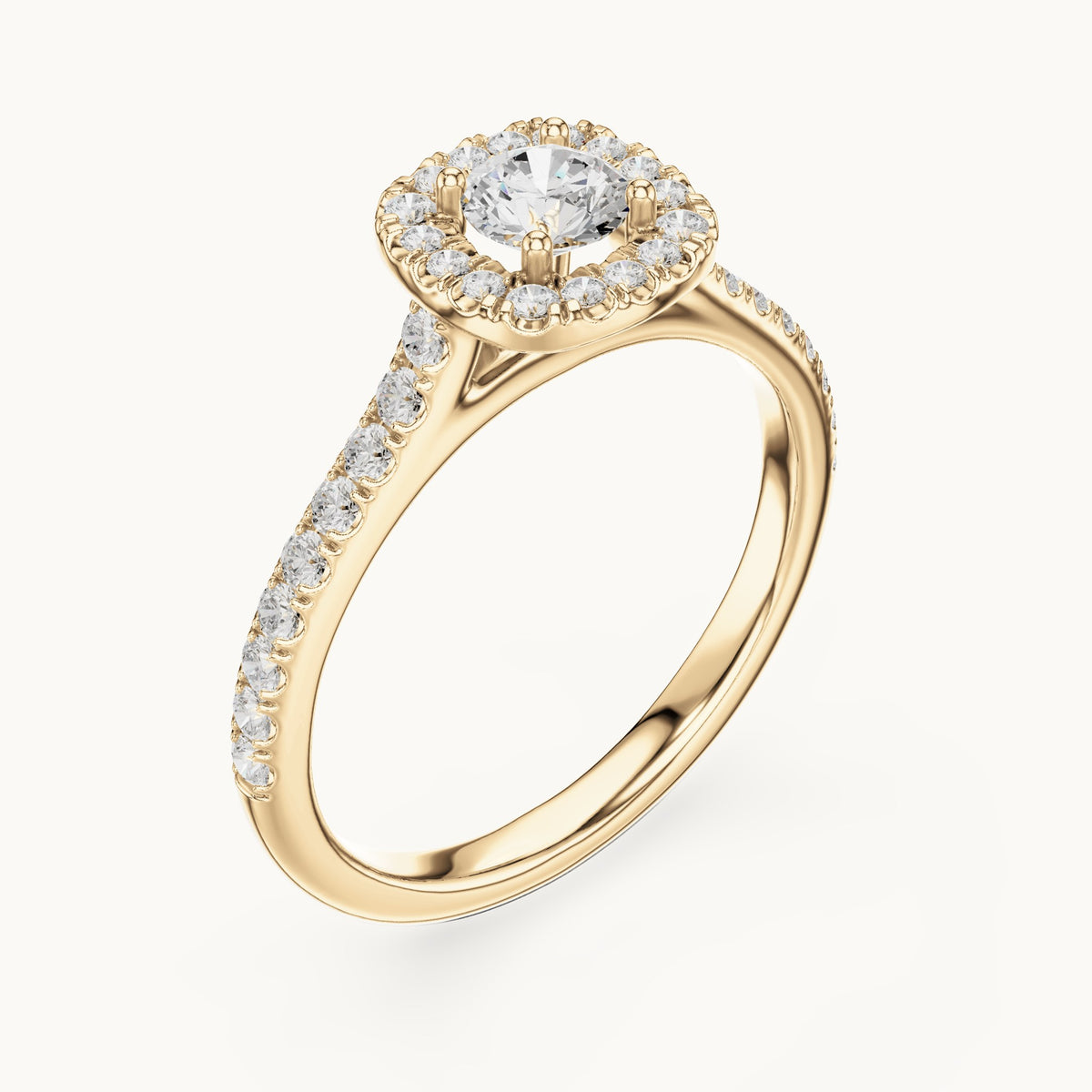 Round lab-grown diamond cushion-shaped halo engagement ring with pavé band in yellow gold, 0.81 CT TW, view 2