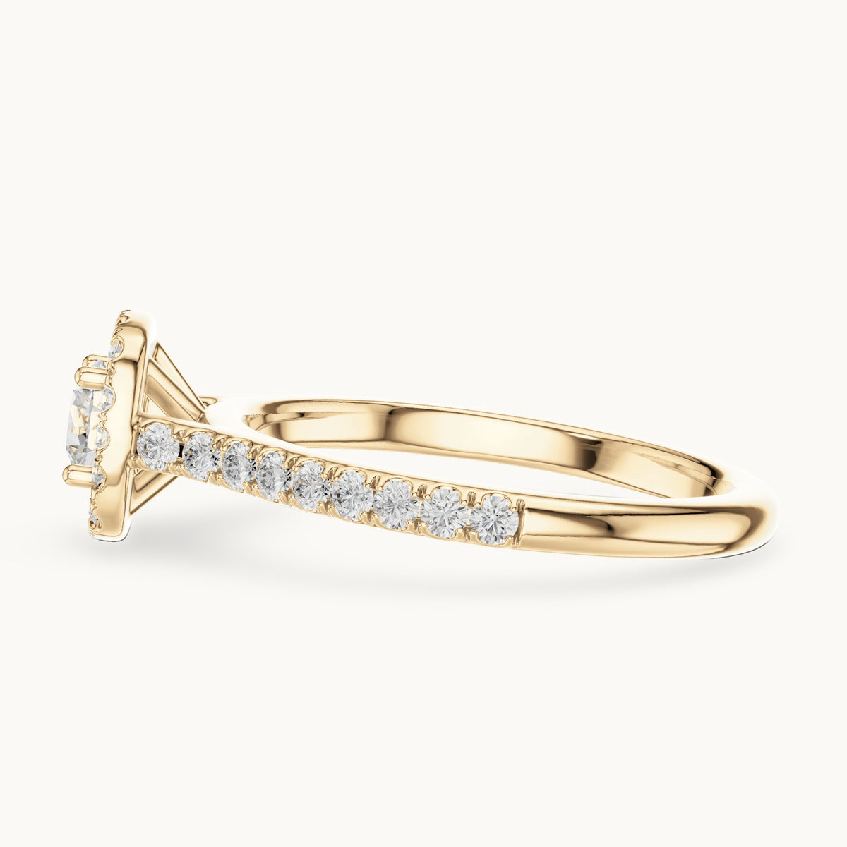 Round lab-grown diamond cushion-shaped halo engagement ring with pavé band in yellow gold, 0.81 CT TW, view 3