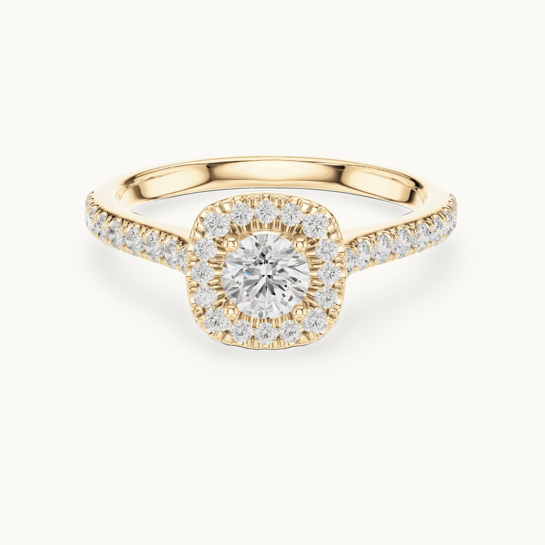 Round lab-grown diamond cushion-shaped halo engagement ring with pavé band in yellow gold, 0.81 CT TW, view 4