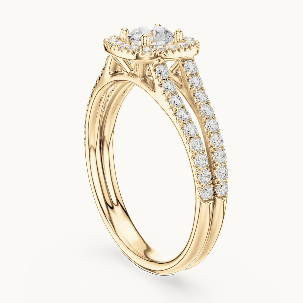 Round lab-grown diamond split shank halo engagement ring in yellow gold, 1.006 CT TW, view 1