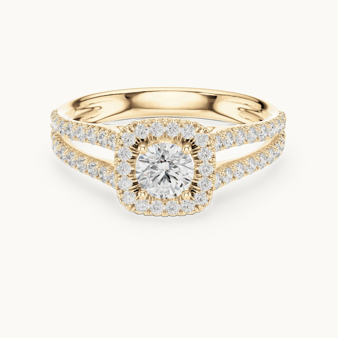 Round lab-grown diamond split shank halo engagement ring in yellow gold, 1.006 CT TW, view 4