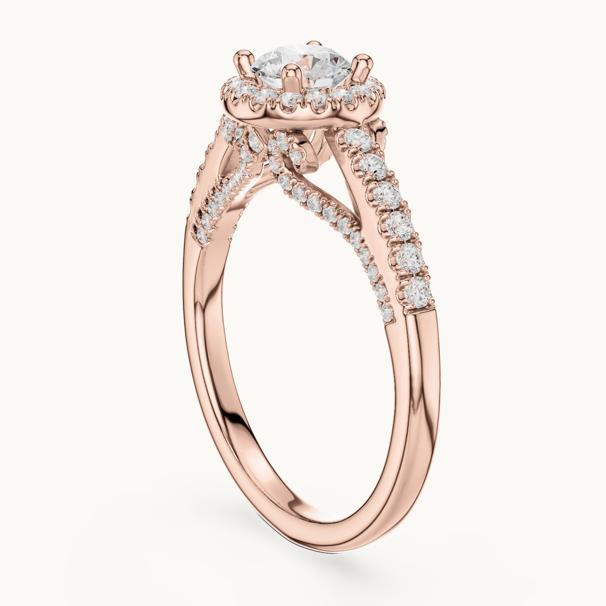 Round lab-grown diamond split shank halo engagement ring in rose gold, 1.19 CT TW, view 1