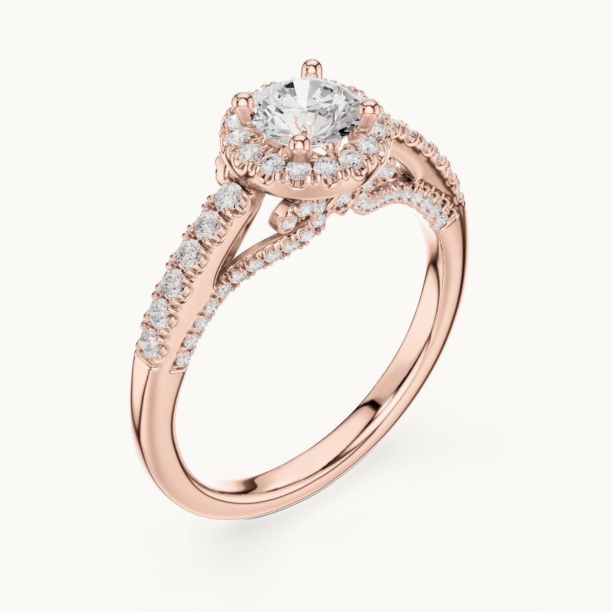 Round lab-grown diamond split shank halo engagement ring in rose gold, 1.19 CT TW, view 2