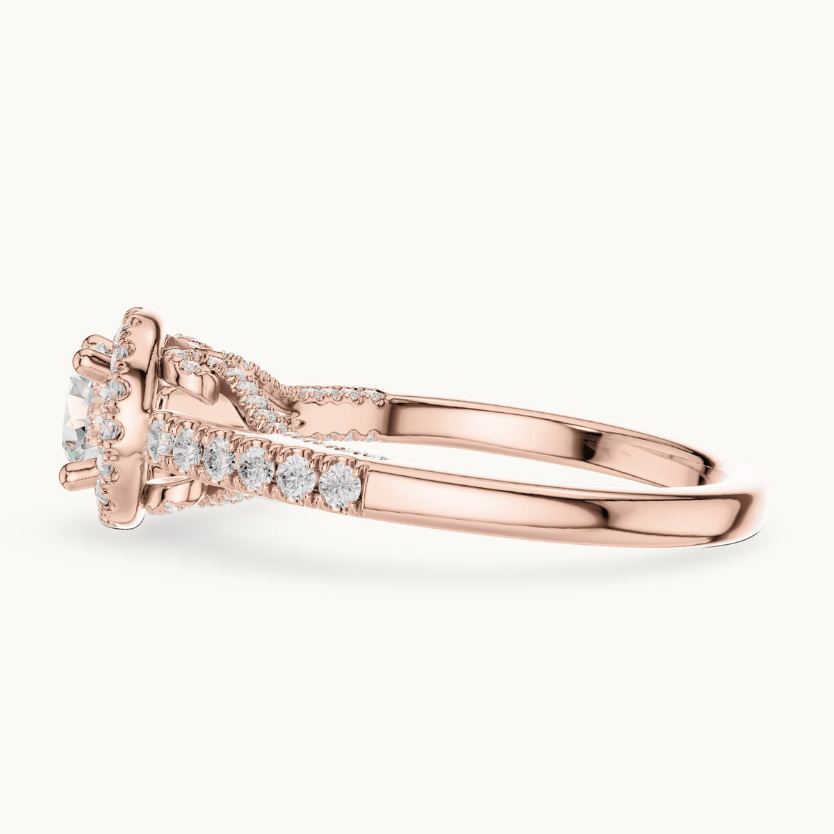 Round lab-grown diamond split shank halo engagement ring in rose gold, 1.19 CT TW, view 3