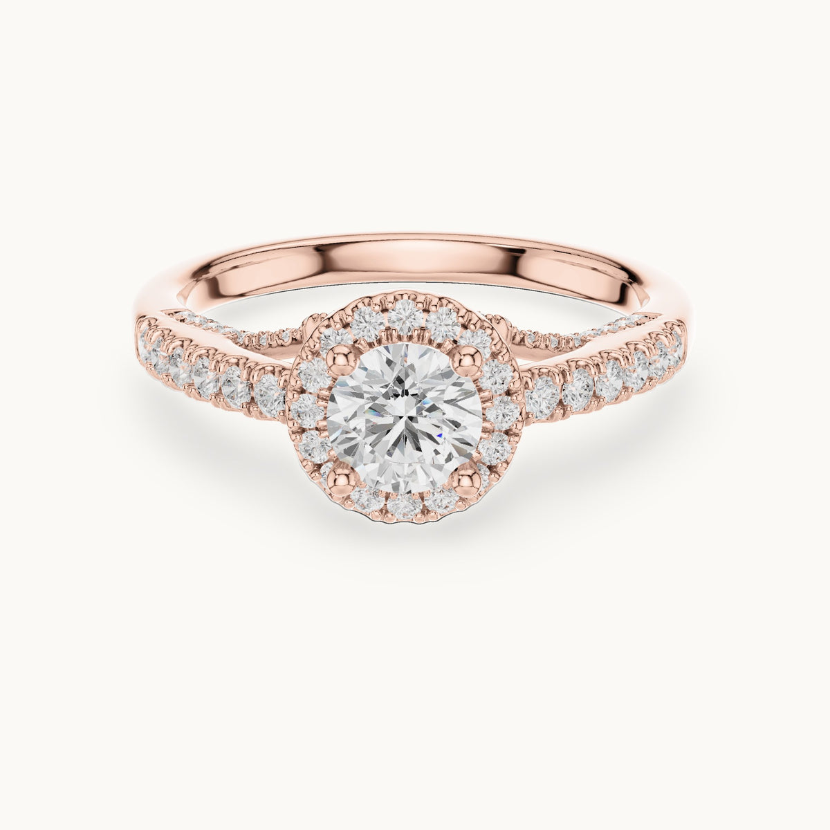 Round lab-grown diamond split shank halo engagement ring in rose gold, 1.19 CT TW, view 4