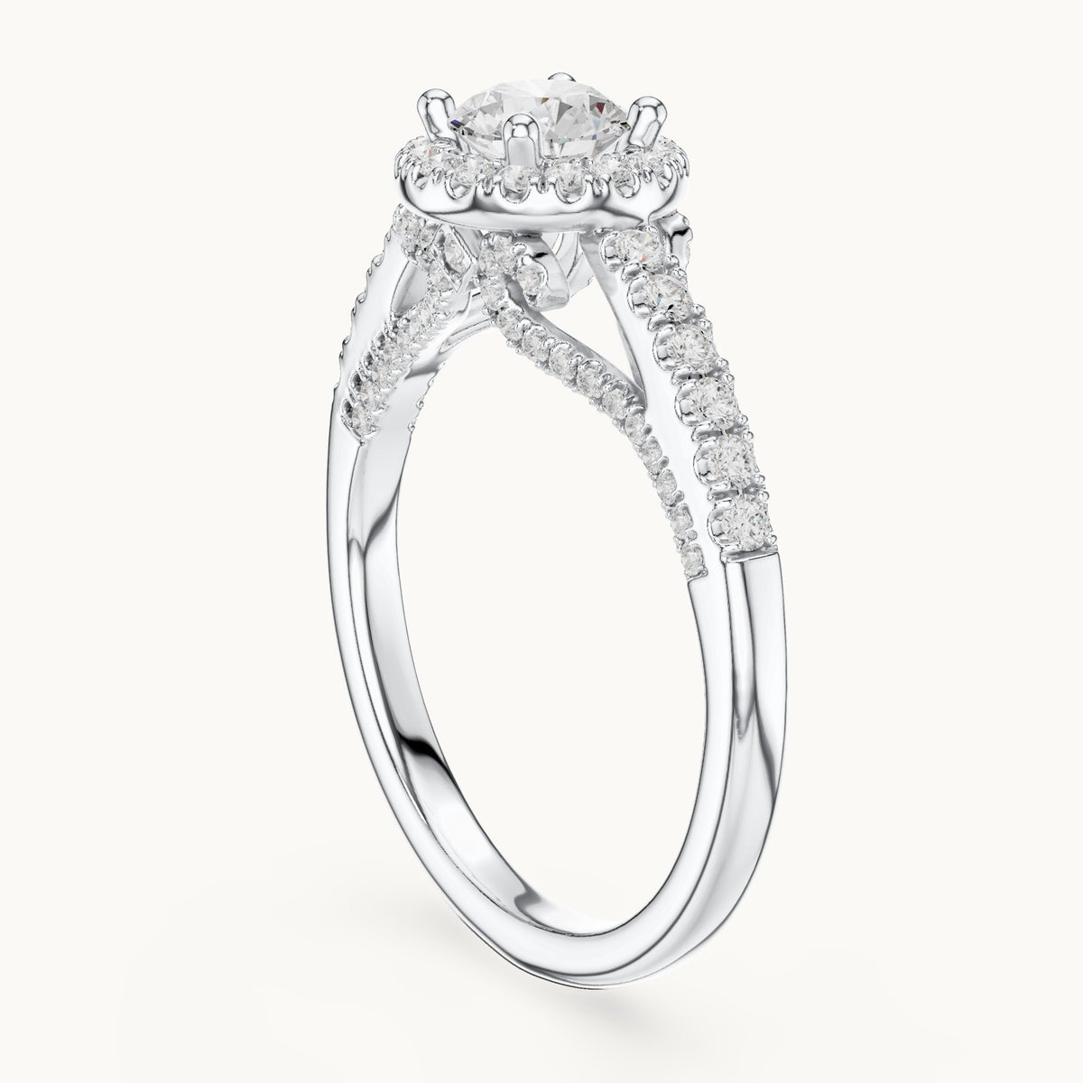 Round lab-grown diamond split shank halo engagement ring in white gold, 1.19 CT TW, view 1