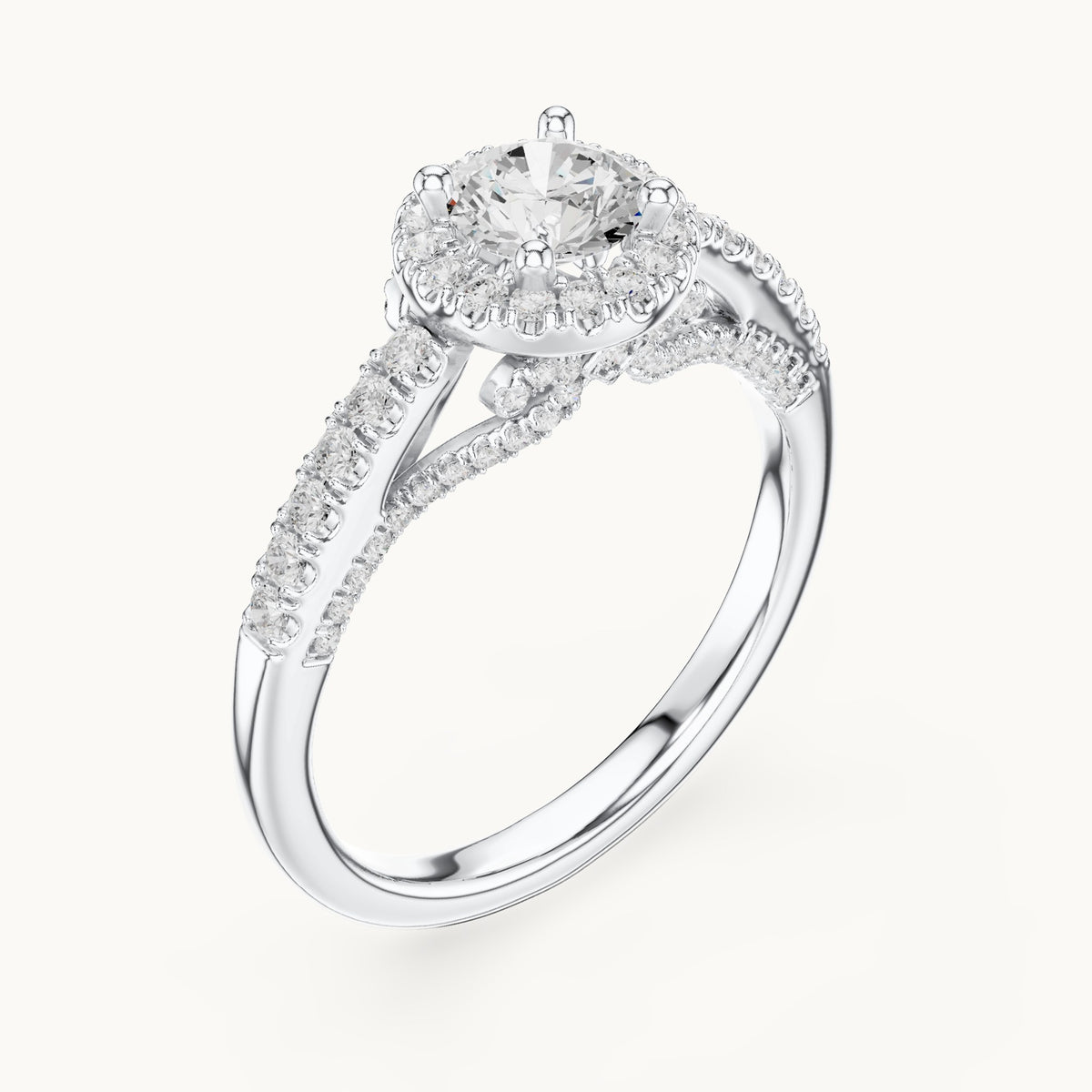 Round lab-grown diamond split shank halo engagement ring in white gold, 1.19 CT TW, view 2