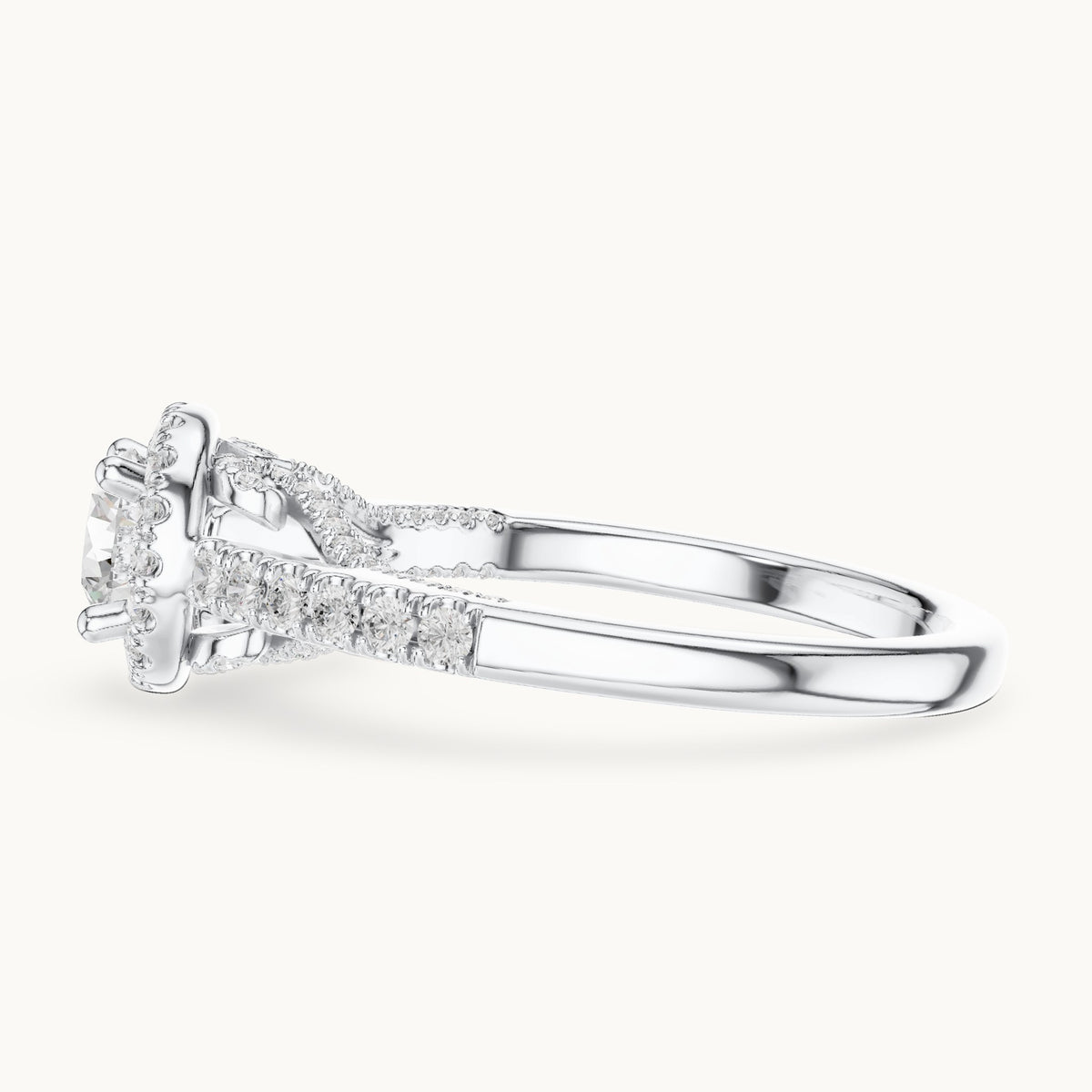 Round lab-grown diamond split shank halo engagement ring in white gold, 1.19 CT TW, view 3