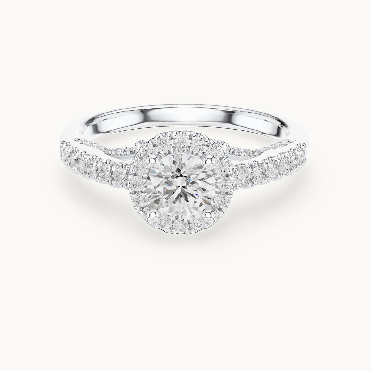 Round lab-grown diamond split shank halo engagement ring in white gold, 1.19 CT TW, view 4