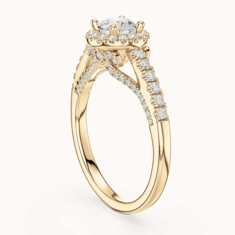Round lab-grown diamond split shank halo engagement ring in yellow gold, 1.19 CT TW, view 1