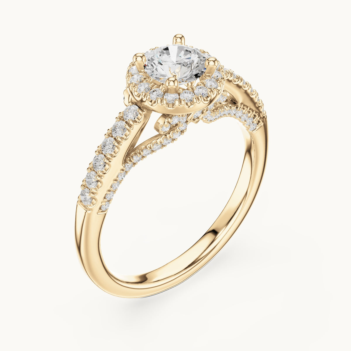 Round lab-grown diamond split shank halo engagement ring in yellow gold, 1.19 CT TW, view 2