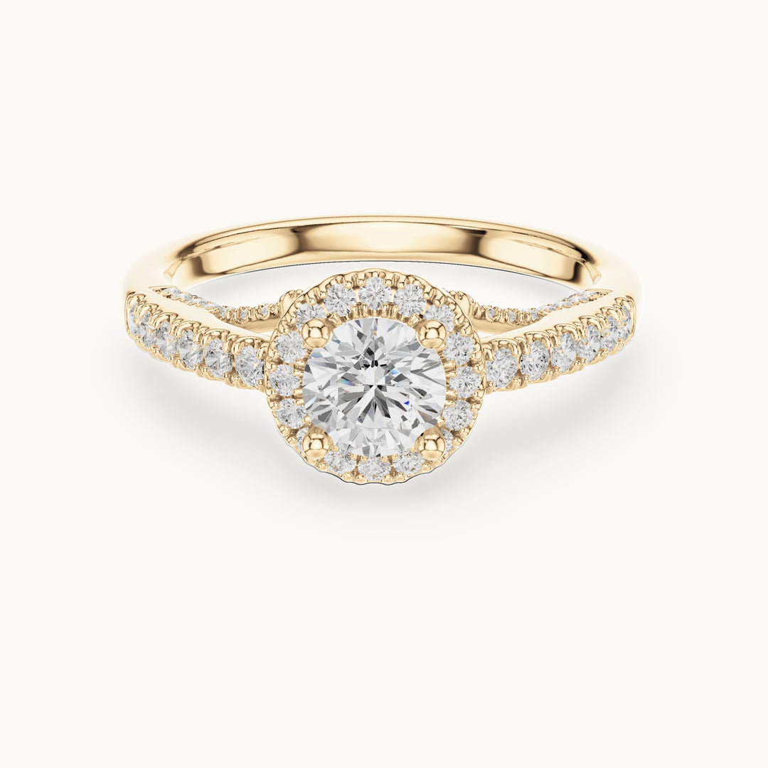Round lab-grown diamond split shank halo engagement ring in yellow gold, 1.19 CT TW, view 4