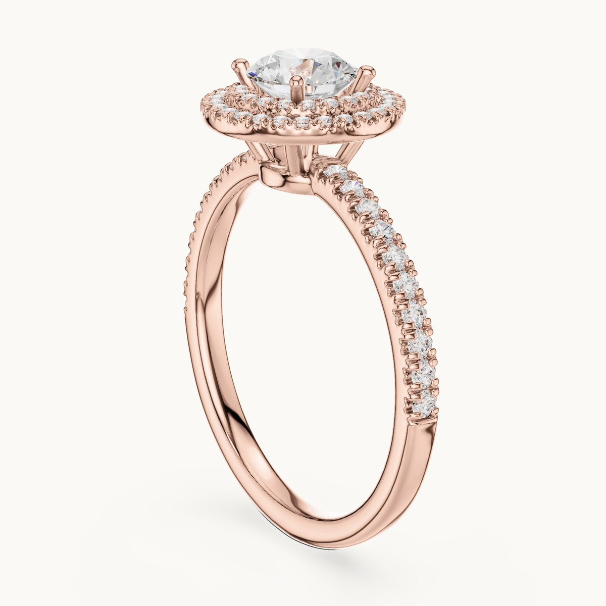 Round lab-grown diamond halo engagement ring in rose gold, 1.16 CT TW, view 1