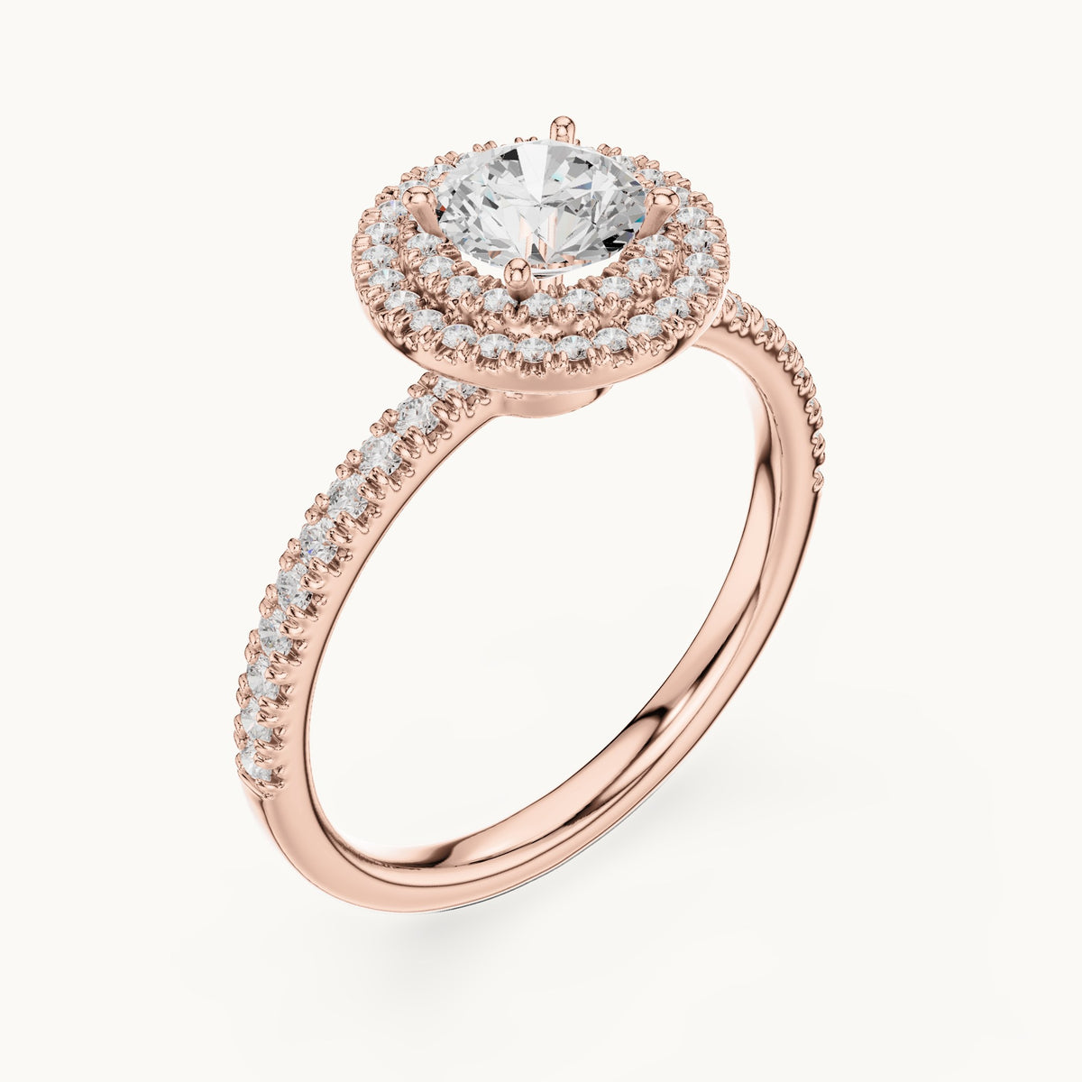 Round lab-grown diamond halo engagement ring in rose gold, 1.16 CT TW, view 2