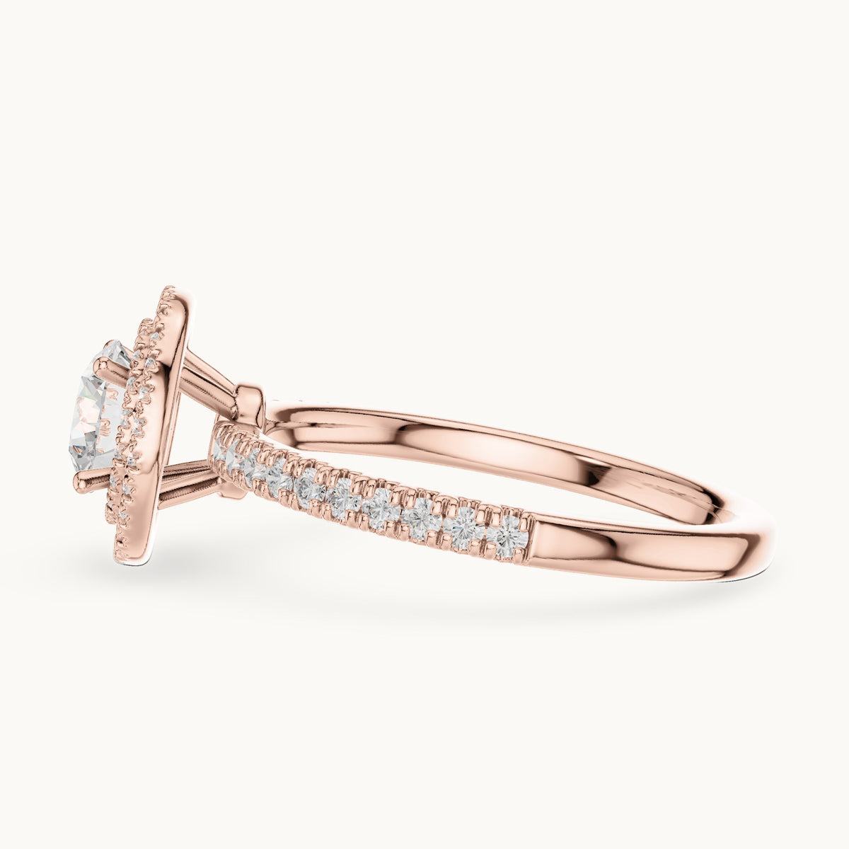 Round lab-grown diamond halo engagement ring in rose gold, 1.16 CT TW, view 3