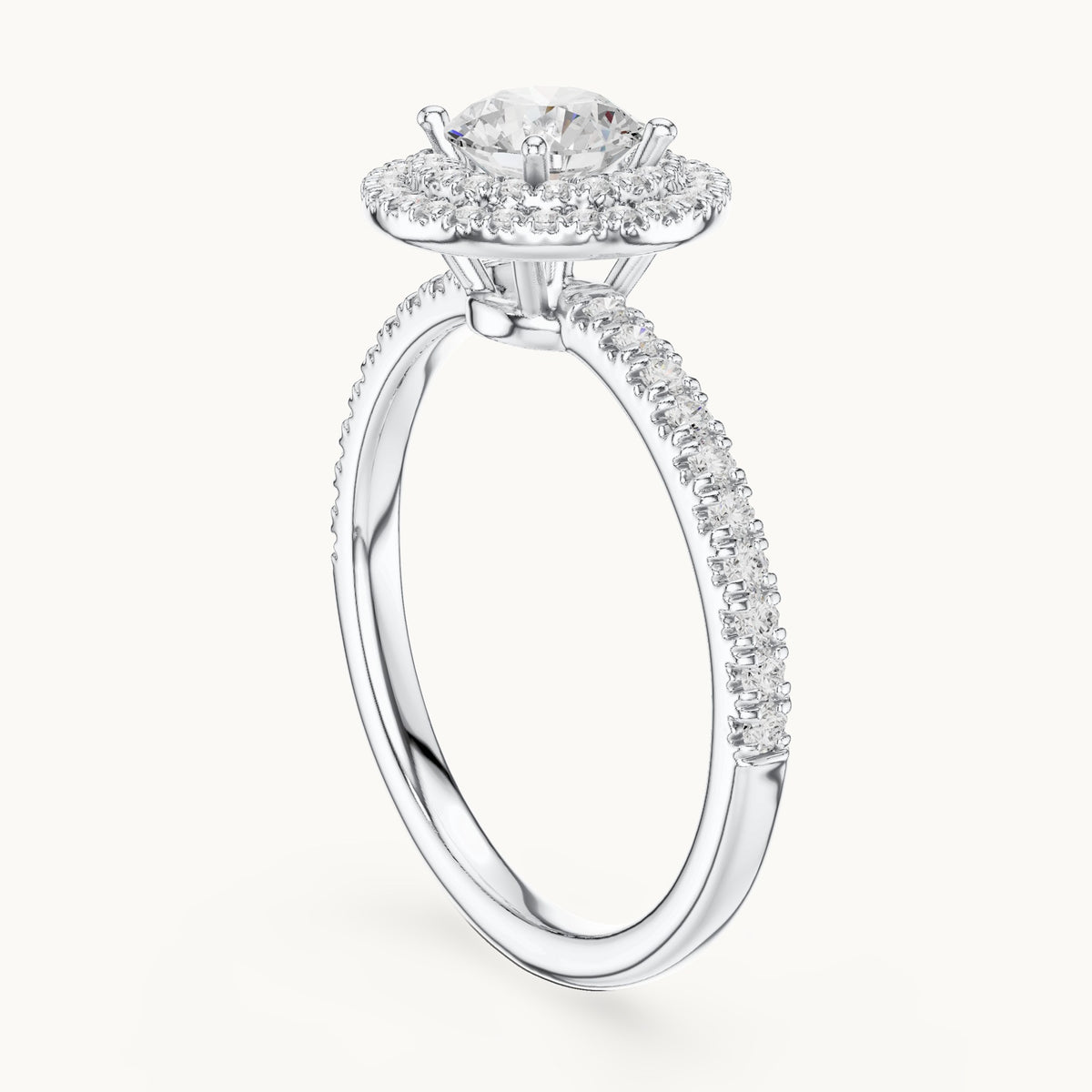 Round lab-grown diamond halo engagement ring in white gold, 1.16 CT TW, view 1