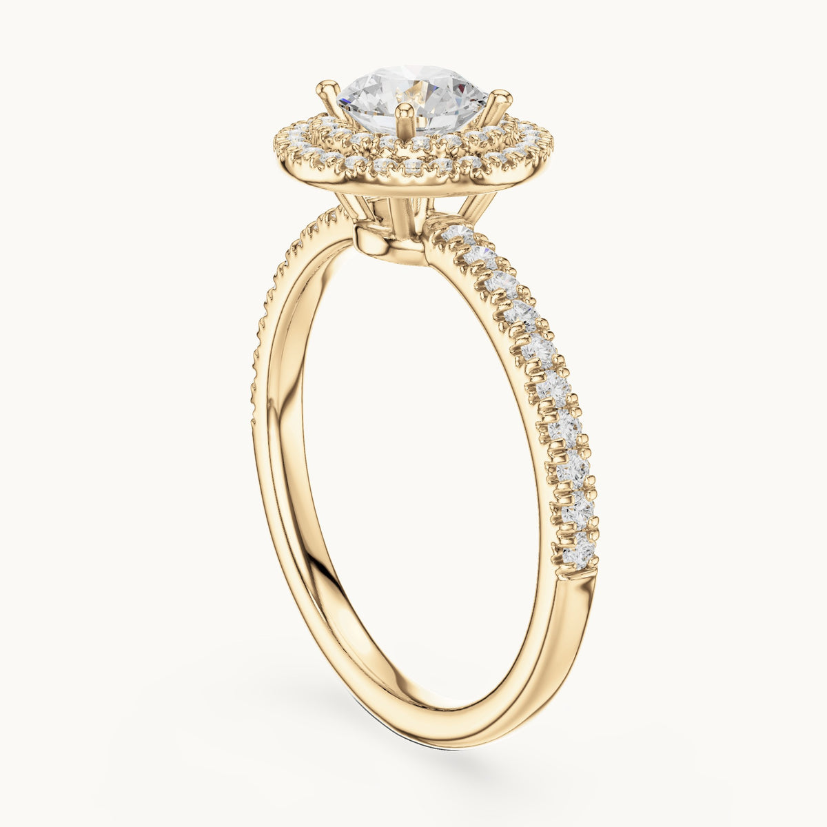 Round lab-grown diamond halo engagement ring in yellow gold, 1.16 CT TW, view 1