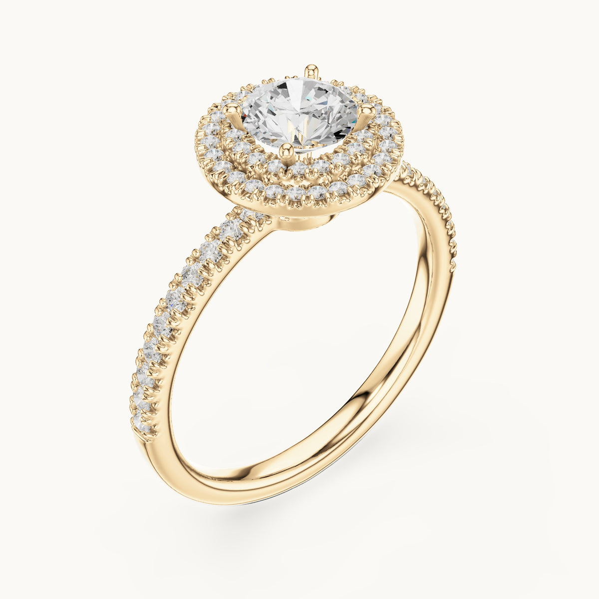 Round lab-grown diamond halo engagement ring in yellow gold, 1.16 CT TW, view 2
