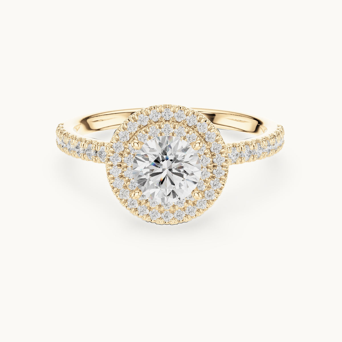 Round lab-grown diamond halo engagement ring in yellow gold, 1.16 CT TW, view 4
