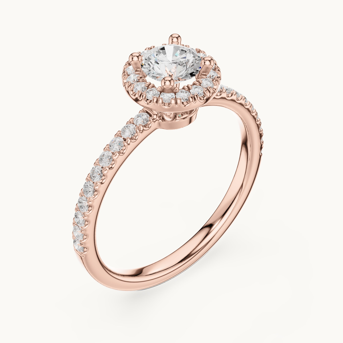 Round lab-grown diamond halo engagement ring in 14K rose gold, 0.86 CT TW, view 2