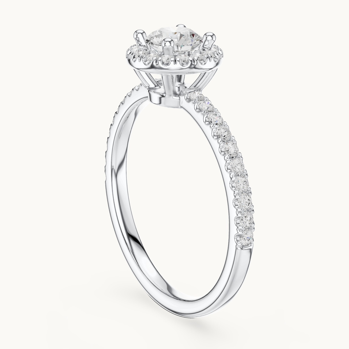 Round lab-grown diamond halo engagement ring in 14K white gold, 0.86 CT TW, view 1