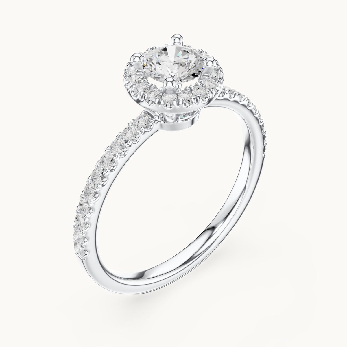 Round lab-grown diamond halo engagement ring in 14K white gold, 0.86 CT TW, view 2
