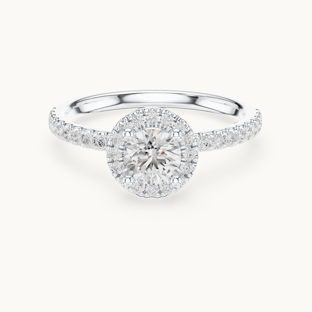 Round lab-grown diamond halo engagement ring in 14K white gold, 0.86 CT TW, view 4