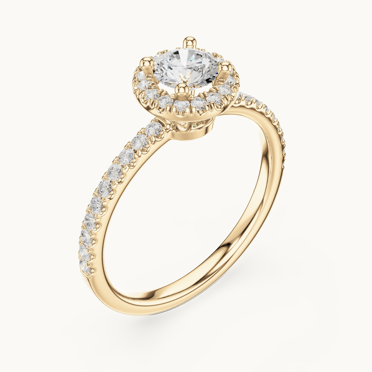 Round lab-grown diamond halo engagement ring in 14K yellow gold, 0.86 CT TW, view 2