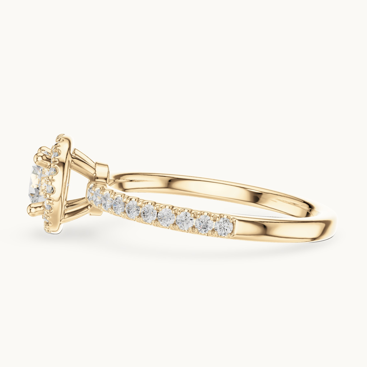 Round lab-grown diamond halo engagement ring in 14K yellow gold, 0.86 CT TW, view 3