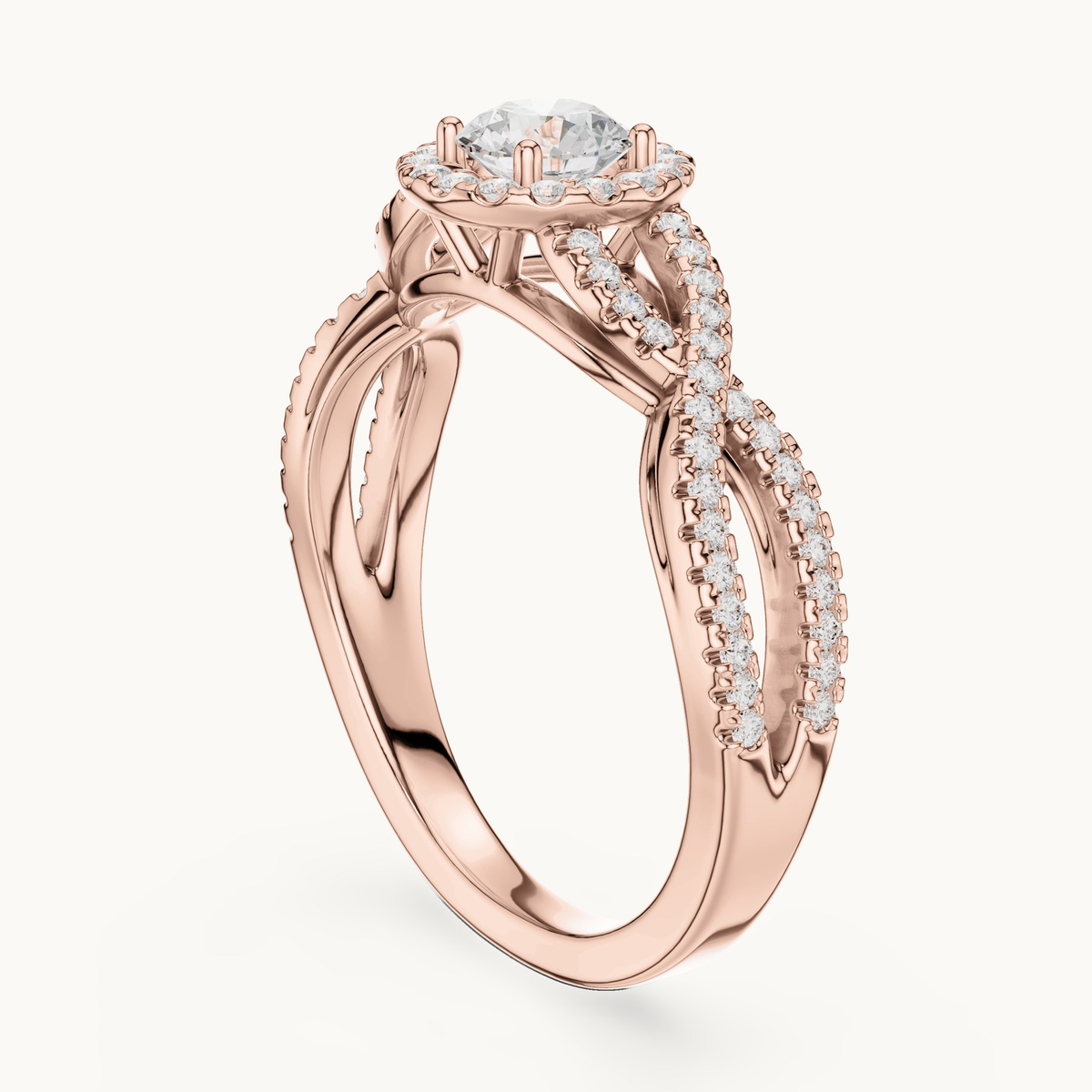 Round lab-grown diamond twisted halo engagement ring in 14K rose gold, 0.83 CT TW, view 1