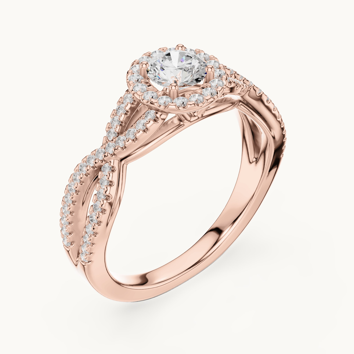 Round lab-grown diamond twisted halo engagement ring in 14K rose gold, 0.83 CT TW, view 2