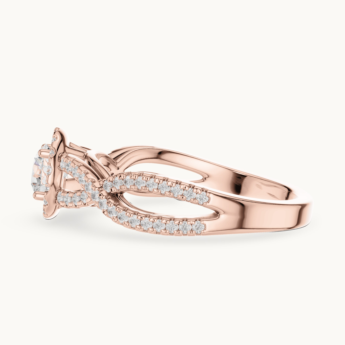 Round lab-grown diamond twisted halo engagement ring in 14K rose gold, 0.83 CT TW, view 3