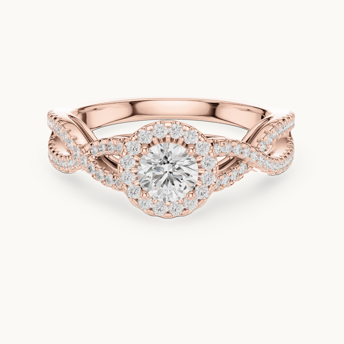 Round lab-grown diamond twisted halo engagement ring in 14K rose gold, 0.83 CT TW, view 4